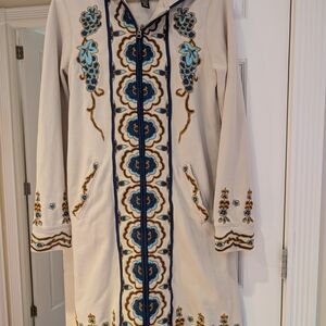 Lucky Brand Hoodie Womens Smal Cream Embroidered Zip Up Floral Boho Festival Ja